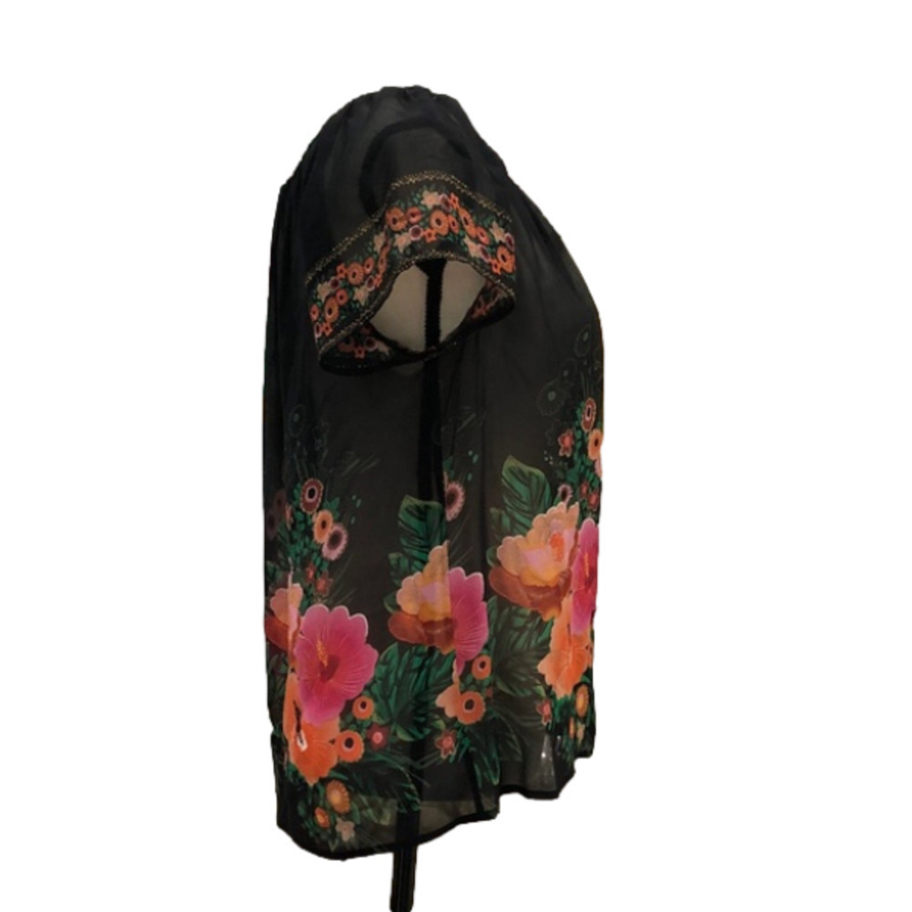 Anthropologie FEI Hibiscus Floral Pattern Sheer Silk Black Peasant Blouse M - Picture 6 of 11